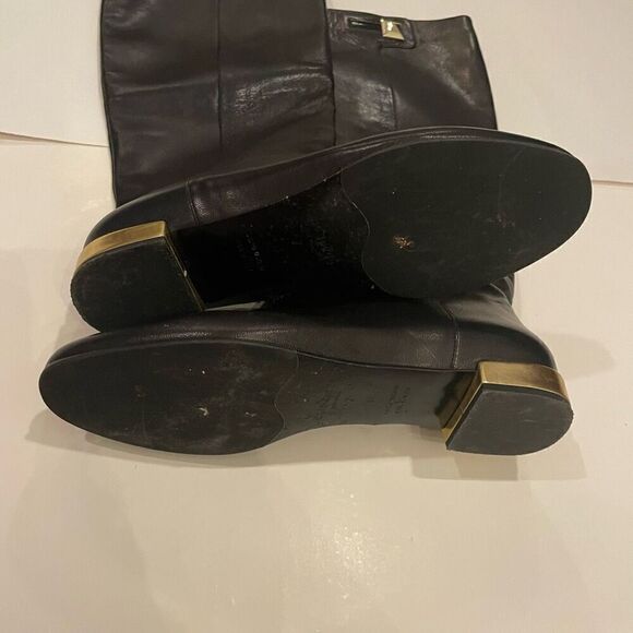 Kate Spade Knee High Boots Black Leather Made Italy Size 7 Gold Heel Equestrian - Picture 11 of 12